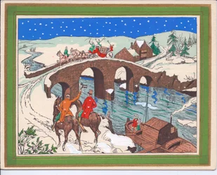 1920年頃、橋を渡る馬と挨拶で帽子をかぶる騎手が描いた馬車の手塗りのフランスポチョアクリスマスカード