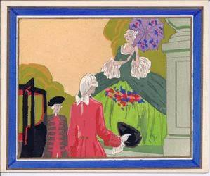1920年頃、大夫人が馬車に乗り込むのを待つ、かつらの男性とフットマンの手彩色フランス製ポショワール・グリーティングカード（ステンシル）。