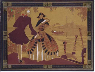 1920年頃のベネチアンシーンの手塗りのフランスポチョアグリーティングカード