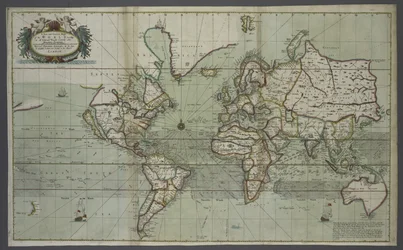海のアトラスからの新しい正確な世界地図、1707年（手書きのカラープリント）