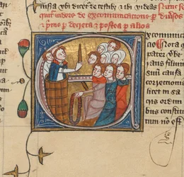 ろうそくを掲げて人々を破門する司祭（王立MS 6 E VII, f.75v（ヴェラム）
