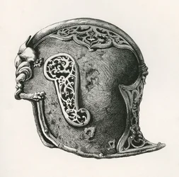 A sallet, aka salade or schaller war helmet, A.D. 1450, from The British Army: Its Origins, Progress and Equipment, published 1868.   1439284   ja       japanese Successfully Translated  Original: Views in England, Scotland and Wales: Nook edn, near Ambles