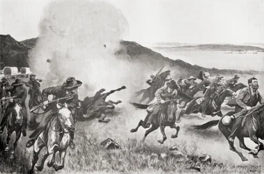 3月7日の行動中、セブン・シスターズ・コジェスの背後からボーア人を追い払う海軍旅団の砲弾