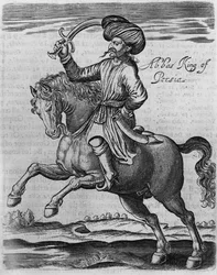 ペルシャのアッバス王、トーマスハーバート卿による「いくつかの年のアフリカとアジアへの旅」のイラスト、1634年（彫刻）