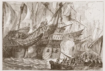 スペイン艦隊と海乞食の船の間のアクション、ジェームズエイトケンワイリー（1808-1890）によるプロテスタンティズムの歴史のイラスト、パブ。 1878