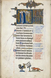 追加。 50000、f.146v 詩篇 97; イニシャル「C」、書見台で 3 人の店員が歌っている。 フォリオのふもと、キツネに説教するおんどり、オスコット詩篇、1265〜70年頃（ベラム）