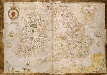 追加。 62540、ff.3v-4、グレートブリテンおよびアイルランドの地図、「Nowell-Burghley Atlas」から、1564年頃（ベラム）