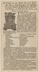 エドワードピンチベック、ミュージカルクロック、フリートストリート、ロンドン、1734年からの広告