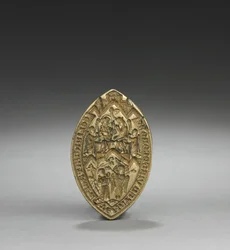 アーモンドの形をしたシール：ひざまずく僧侶との聖母の戴冠式、1300年代