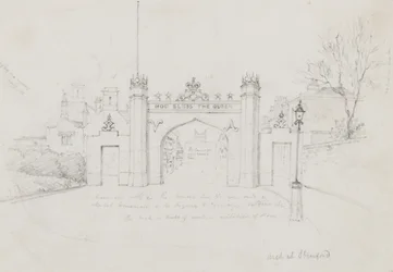 Stamfordのアーチ、Burghley Houseに向かうVictoria女王とPrince Albertを歓迎するために建てられたもの（鉛筆、紙