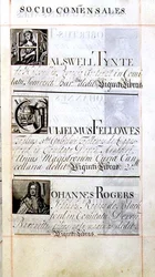 Archive 3693 f.63 オックスフォード大学ニュー・カレッジの3人の恩人、Halswell Tynte、Gulielmus Fellowes、Johannes Rogersをリストアップしたページ（Benefaction Bookより）。