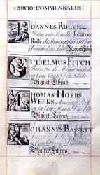 Archive 3693 f.65 オックスフォード大学ニュー・カレッジの4人の後援者、Joannes Rolle、Gulielmus Fitch、Thomas Hobbs Weeks、Johannes Bassettの一覧ページ（Benefaction Bookより