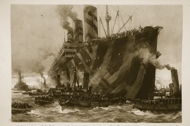 1914〜19年に12,000人のアメリカ軍が搭乗した、ドイツの旅客機であるファーターランドを輸送するアメリカの輸送船、リヴァイアサンがフランスに到着