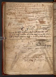 Arundel 292, f.114v, 多くの筆記試験を伴う写本で、羽ペンが大衆リテラシーへの障害であったことを示しています (紙にペンとインク)