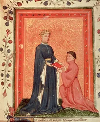 Arundel 38 f.37 Thomas Hoccleve が著書「Regement of Princes」をウェールズ王子 (後のヘンリー 5 世) に贈呈 (c.1411-13) (ベラム)