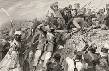 1858年に出版された「インドの反乱の歴史」からの1857年7月30日、ルクナウでのRedanバッテリーに対する反逆者の攻撃