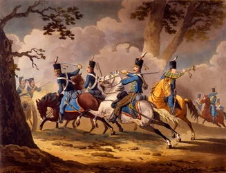 1799年から1802年に公開されたナポレオン作戦中の同盟国の一連の騎兵隊の行動から、プロイセンハサーから大砲を守るオーストリアの歩兵（手彩色のリソ）