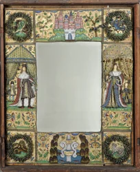 ビーズワークミラー、c。 1672-79年（オークのケースに入ったシルクサテン地にガラスビーズとスパンコールをあしらったシルク、メタル、レザーの糸）