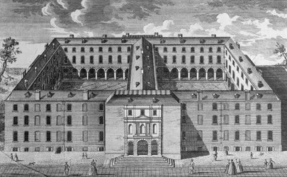 前景に人物が描かれたサザークの男病院の鳥瞰図、1780年頃