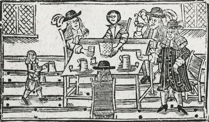 ボードゲームと酒場での飲酒（木版画
