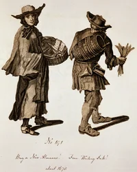 新しい年鑑を購入してください！細かい筆記用インク、1675年頃のストリートセラーのイラスト