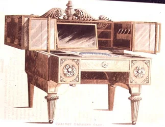1824年に出版されたアッカーマンの「芸術、文学、商業、製造、ファッション、政治のリポジトリ」の136番プレートのキャビネット・ドレッシングケース（カラーリトグラフ