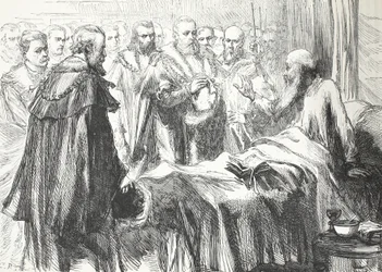 カルバンが最後に理事会で演説した、ジェームズ・エイトケン・ワイリー（1808-1890）によるパブのプロテスタンティズムの歴史からのイラスト。 1878