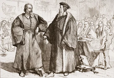 ジュネーブ公会議の前のカルヴァンとセルベトゥス、ジェームズエイトケンワイリー（1808-1890）によるプロテスタンティズムの歴史のイラスト、パブ。 1878