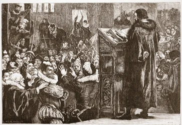 カルヴァンはリブの教会で脅迫した、ジェームス・エイトケン・ワイリー（1808-1890）によるパブのプロテスタンティズムの歴史からのイラスト。 1878