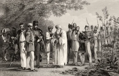 1858年に出版された「インド反乱の歴史」からのキャプテンホドソンによるデリーの王の捕獲