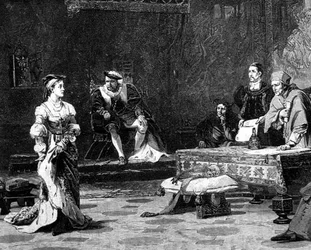 キャサリン・オブ・アラゴン（1485-1536）ヘンリー8世の最初の妻、第一審の様子（エングレービング）