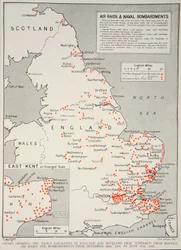 1914年12月16日から1918年6月17日までの敵対的な空襲と砲撃に苦しんだイングランドとスコットランドの正確な地域を示すグラフ