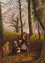 森の中で花を摘む子供たち（カラーリトグラフ）