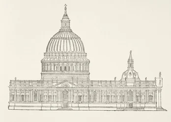 ウィリアムヒックマンスミスオーブリー（1858-1916）によるイギリスの国立および国内史から出版されたロンドンの大火災の後、クリストファーレンズが新しいセントポール大聖堂の最初のデザインを発表しましたL