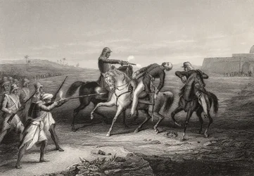 1858年に出版された「インド反乱の歴史」から1857年7月1日、Mhowで反逆者によって殺されたジョンプラット大佐