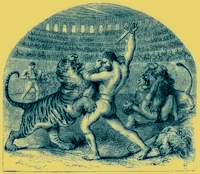 剣闘士と野生動物の戦い、世界のイラスト入りの歴史のイラスト、c.1880を発行（デジタル拡張画像）