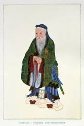 孔子（BC551-479）：エドワード・T.C.・ワーナー著『中国の神話と伝説』（ジョージ・G.ハラップ社刊）の扉絵。