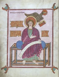 Cott Nero DIV f.209v 彼のシンボルを持つ聖ヨハネ、リンディスファーン福音書、710-721 (ベラム)
