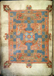 Cott Nero D. IV、f.94v リンディファーン福音書、710-721 (ベラム) からの聖マルコの福音書を開くカーペットのページ