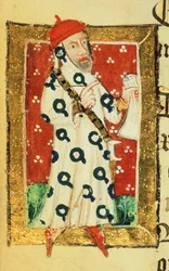 コット・ネロ D VII f.105v ナイジェル・ローニング、ガーターの騎士、聖アルバン修道院の恩人書、1380年頃（ベラム）