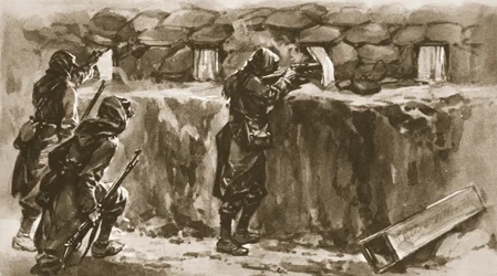 トレンチループホールスクリーンとしてのコテージウィンドウカーテン：1915年のイラストレイテッドウォーニュースによる、敵の狙撃兵を邪魔するフランスの手段