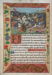 Cotton Vespasian A xvii、f.13v、白い馬に乗ったイングランドの王、逃げるフランスの王を追いかける、Robert de Balsac の「王子の指導のための戦争に関するマニュアル」、1490 年代 (ベラム) より