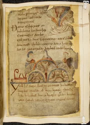 Cotton Vitellius A. XV f.105、黄金のつるの木。 最高の真珠が見つかる紅海を支配する親切な国を表す 3 人が話している、ベオウルフのイラスト、「ノウェル写本」（羊皮紙のインク）より