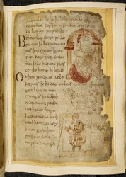Cotton Vitellius A. XV f.106r、アーチの下のクッションに座っている男性。 犬のような口の開いた獣が 2 匹のカティーニ。 「ノウェル写本」（羊皮紙のインク）からのベオウルフのイラスト、杖を持ったローブを着た男が別の男に手を差し伸べる