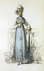 アッカーマンの「芸術のリポジトリ」に掲載されているデイ・ドレスのファッション・プレート（カラー・エングレービング