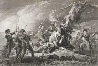 1775年に出版された「歴史的肖像画のギャラリー」からの1775年のケベックの戦いでのモンゴメリー将軍の死