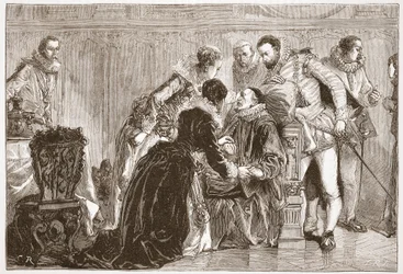 ジェームズ・エイトケン・ワイリー（1808-1890）による「プロテスタントの歴史」からのイラスト、ウィリアム・ザ・サイレント、オレンジ王子の死、パブ。 1878年（彫刻）