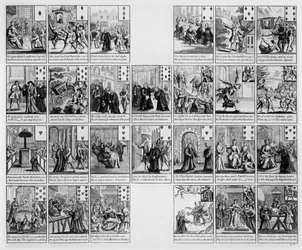 アン女王の治世のシーンが描かれたカードのデッキ、1704年