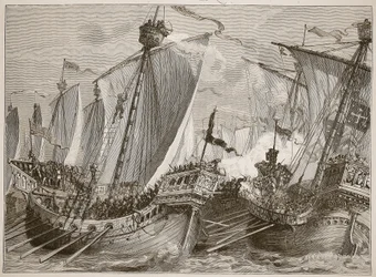 イギリス海峡におけるフランス艦隊の敗北、カッセルズイラストレイテッドイングランドオブイングランドのイラスト（セピア写真）