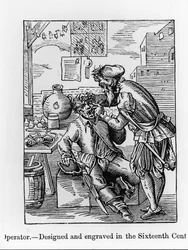 デンタルオペレーター、「中世の科学と文学とルネサンス」のイラスト、1878年にポールラクロワによって書かれて彫刻された（彫刻）（bw写真）